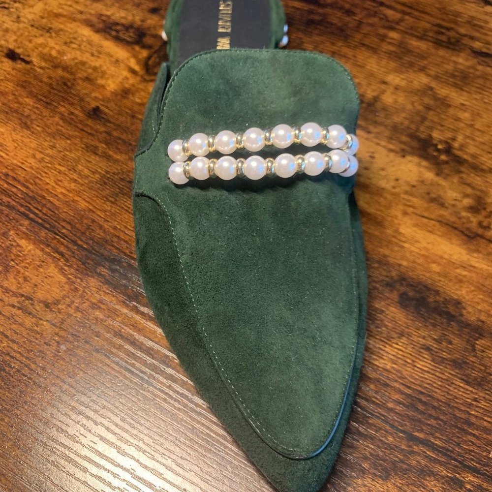 Stuart Weitzman green suede and pearl slides 39